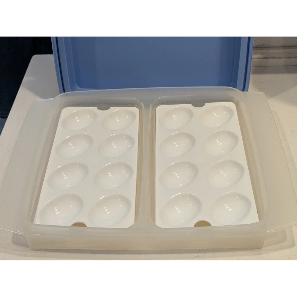 Tupperware Deviled Egg Carrier 16 Slot Blue Lid Clear Base Removable Trays 722-4